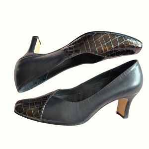 Vintage Ros Hommerson Black Leather Pumps Croc Toe Comfort Dark Academia 8.5